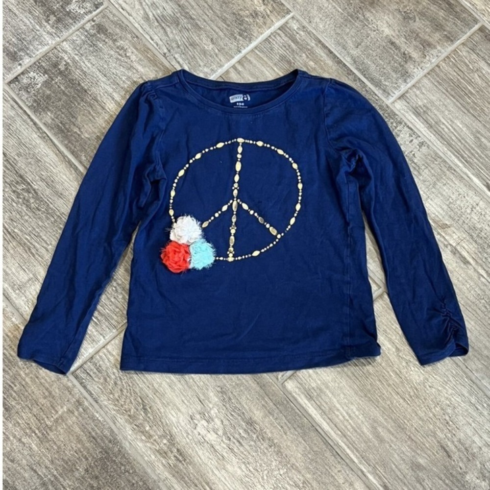 Crazy 8 Navy Blue Peace Sign Long Sleeve T Shirt Pom Poms Girls Size S (5-6)
